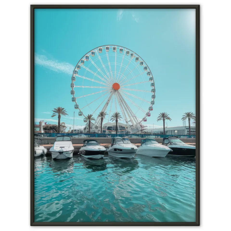 Poster Küstenkulisse mit Riesenrad und Palmen