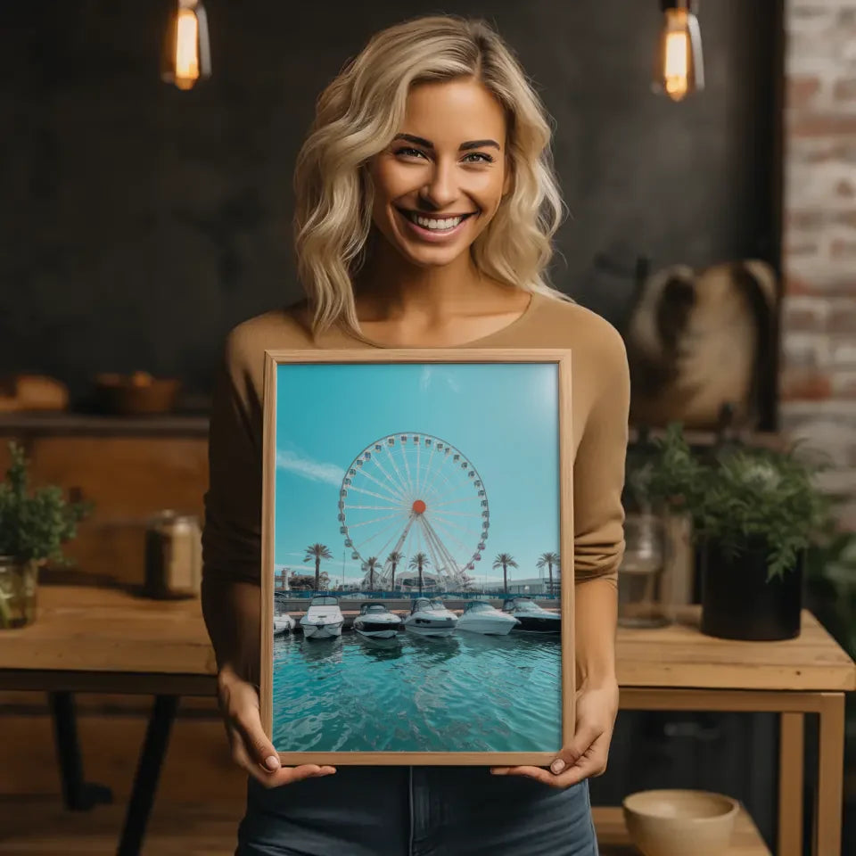 Poster Küstenkulisse mit Riesenrad und Palmen