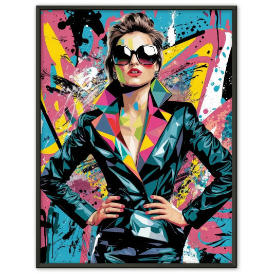 Poster lebendige Pop-Art Frau mit Sonnenbrille und Graffiti Stil