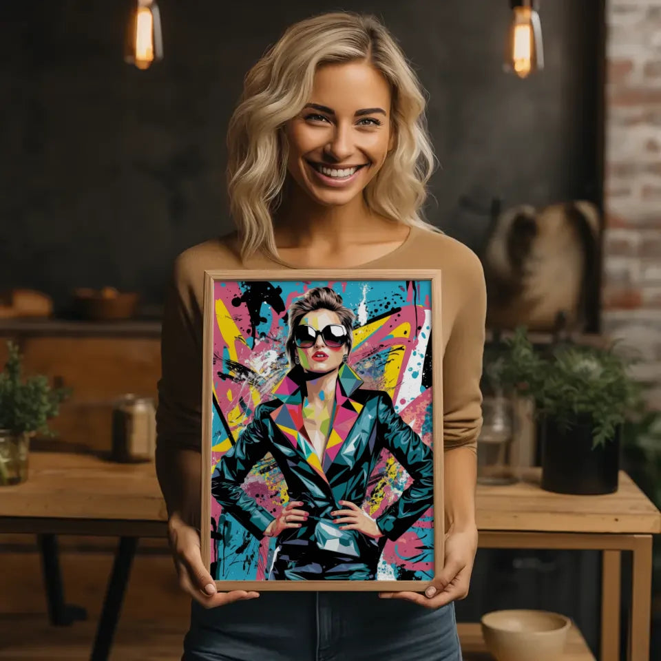 Poster lebendige Pop-Art Frau mit Sonnenbrille und Graffiti Stil