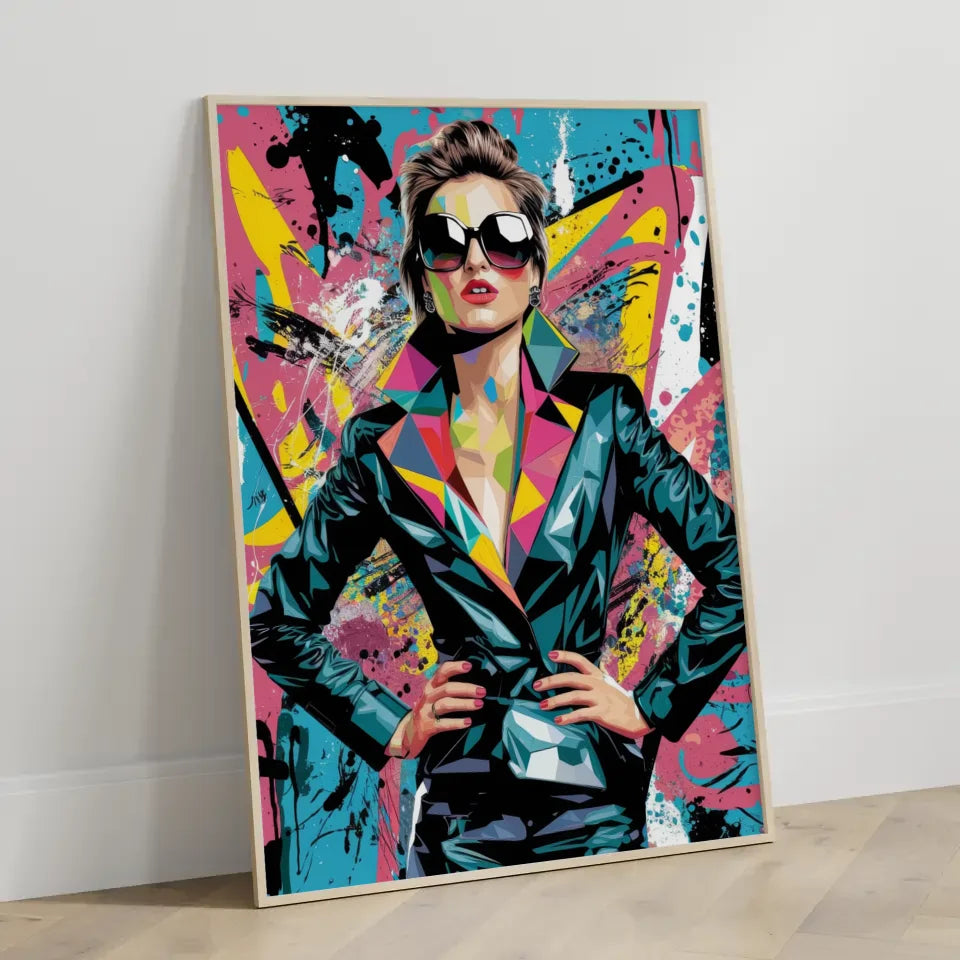 Poster lebendige Pop-Art Frau mit Sonnenbrille und Graffiti Stil