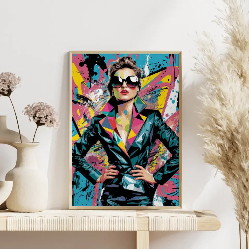 Poster lebendige Pop-Art Frau mit Sonnenbrille und Graffiti Stil