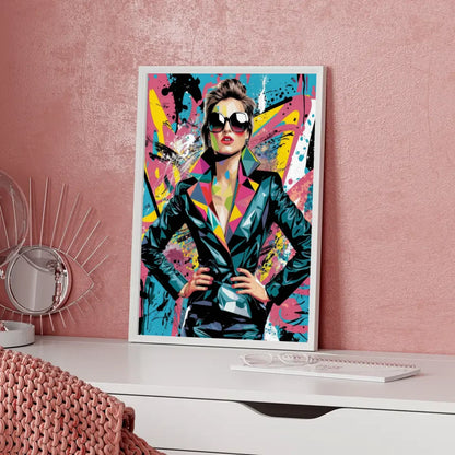 Poster lebendige Pop-Art Frau mit Sonnenbrille und Graffiti Stil