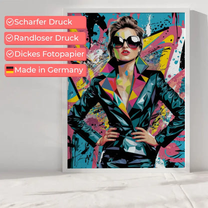 Poster lebendige Pop-Art Frau mit Sonnenbrille und Graffiti Stil