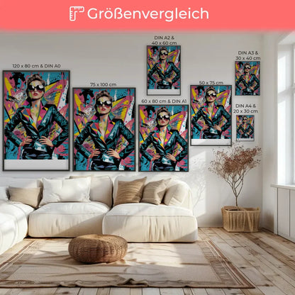 Poster lebendige Pop-Art Frau mit Sonnenbrille und Graffiti Stil