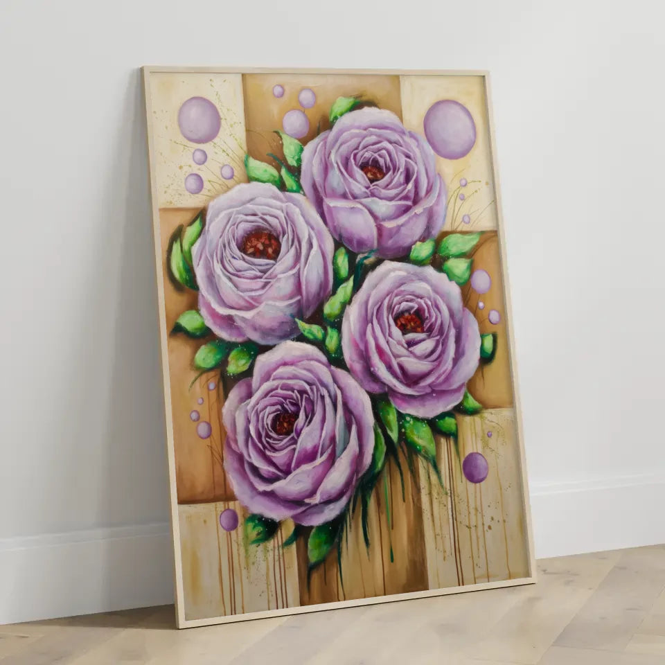 Lebendige Rosen Poster mit grünen Blättern und Textur
