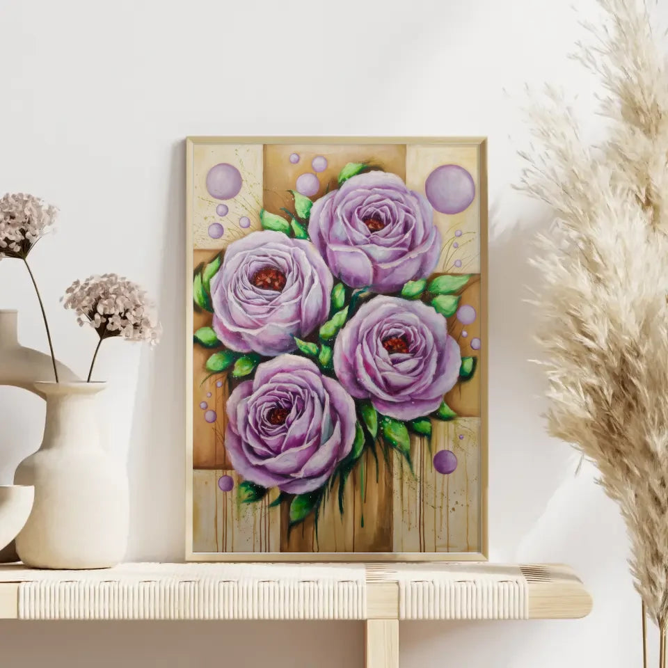 Lebendige Rosen Poster mit grünen Blättern und Textur