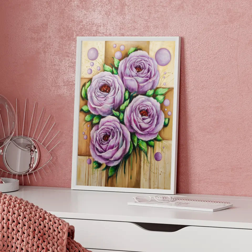 Lebendige Rosen Poster mit grünen Blättern und Textur
