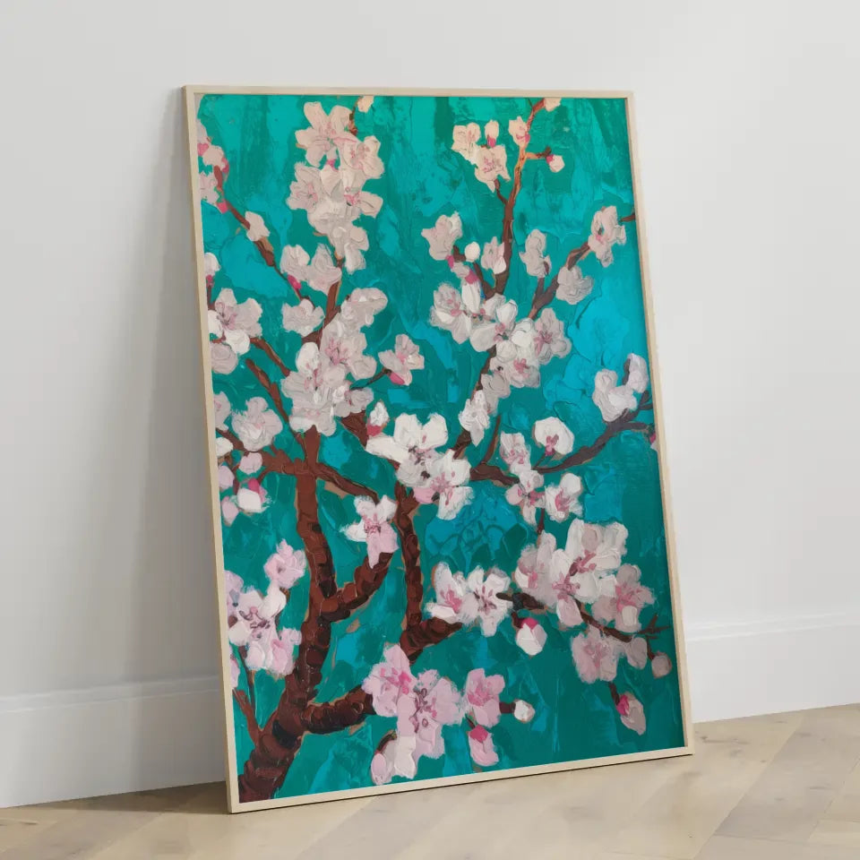 Türkiser Poster mit Mandelblütenzweigen für blühende Eleganz