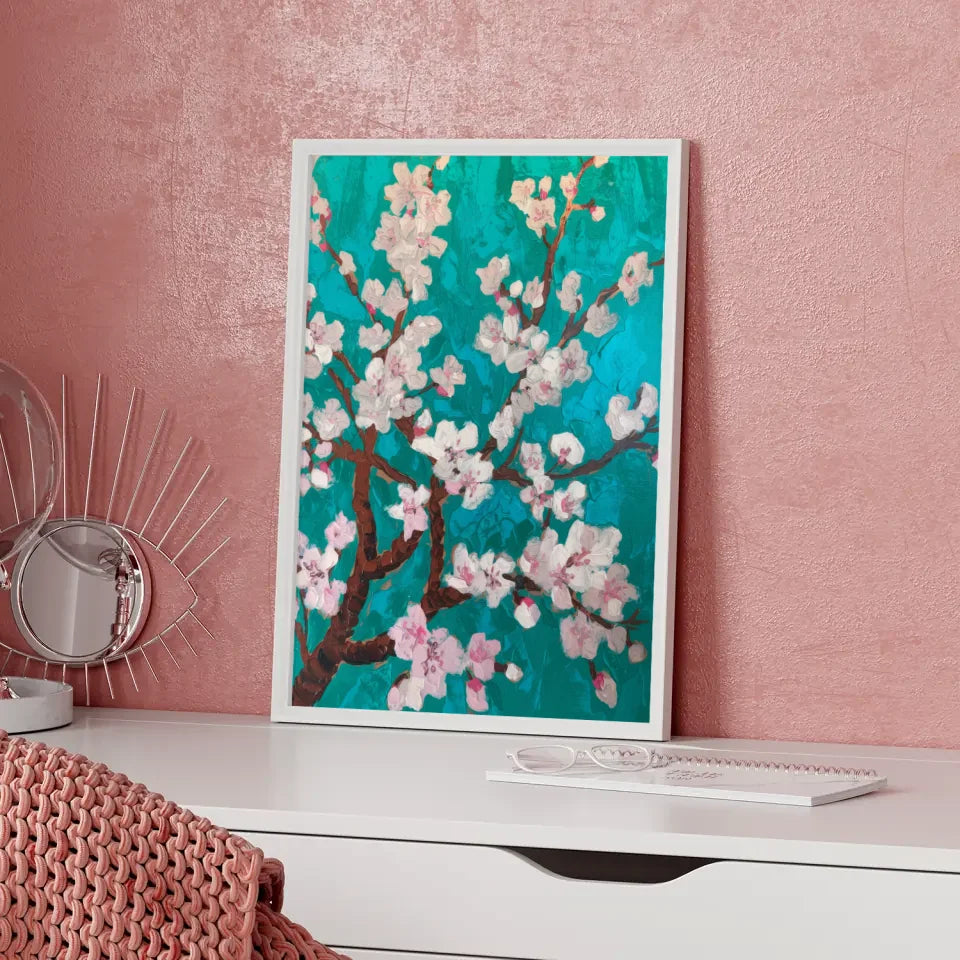 Türkiser Poster mit Mandelblütenzweigen für blühende Eleganz