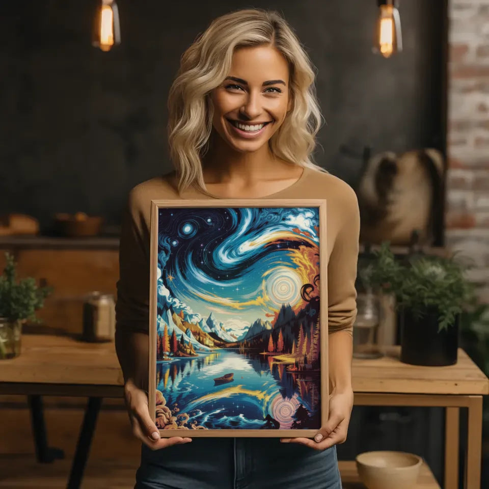 Lebendige Poster Illustration von Sternennacht und Ruhe am See