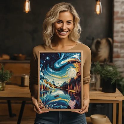 Lebendige Poster Illustration von Sternennacht und Ruhe am See
