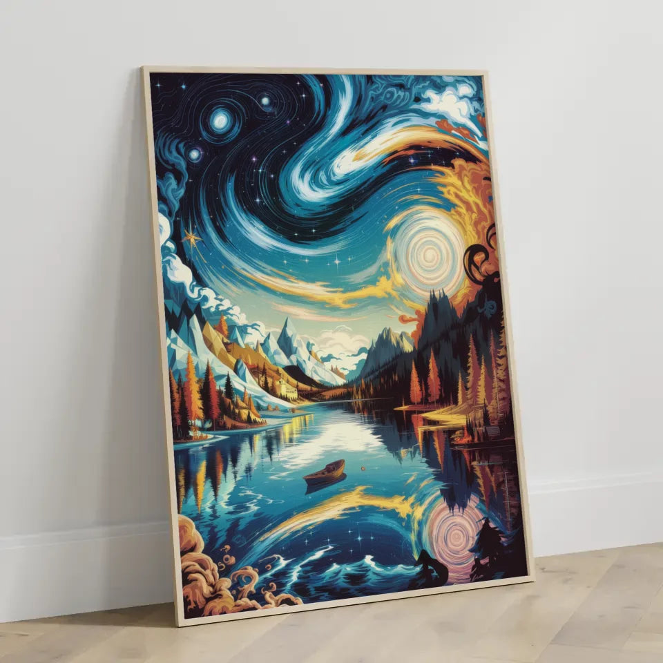 Lebendige Poster Illustration von Sternennacht und Ruhe am See