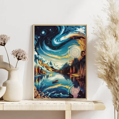 Lebendige Poster Illustration von Sternennacht und Ruhe am See