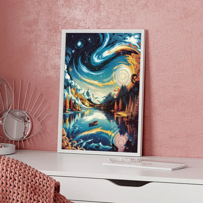 Lebendige Poster Illustration von Sternennacht und Ruhe am See
