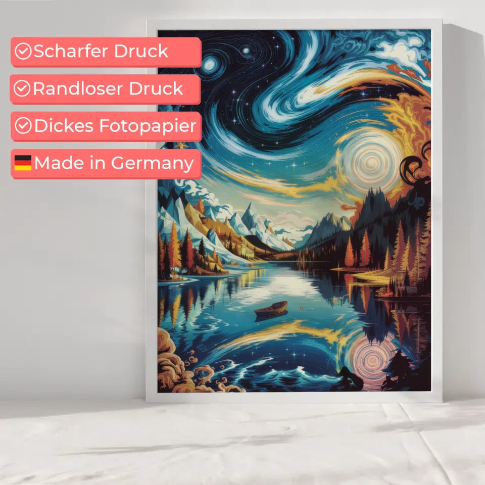 Lebendige Poster Illustration von Sternennacht und Ruhe am See