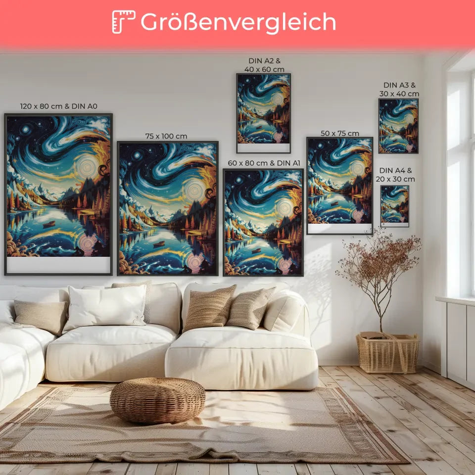 Lebendige Poster Illustration von Sternennacht und Ruhe am See