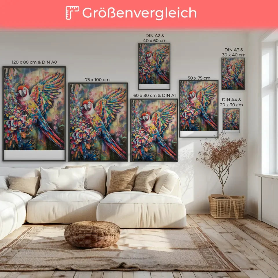 Bunter Papagei Poster mit floralen Mustern für dein Zuhause