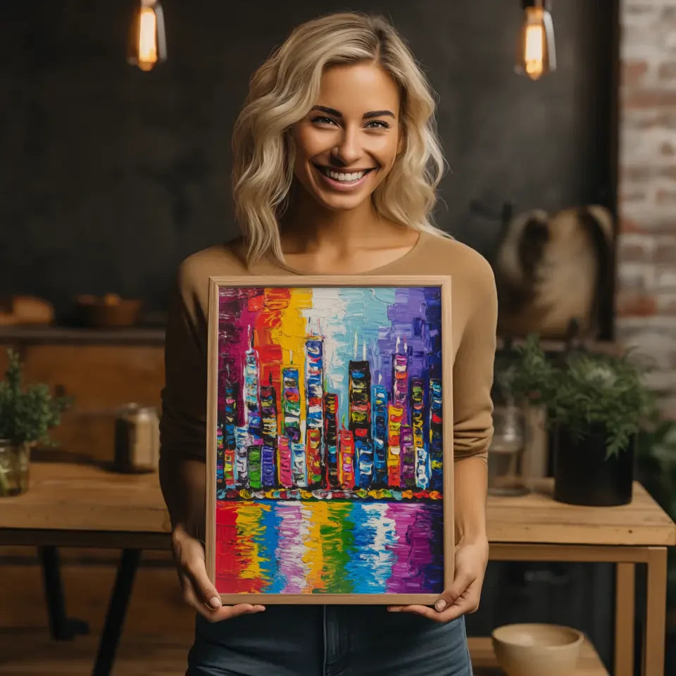 Lebendiges Stadtbild Poster in bunten Farben mit Wolkenkratzern 2