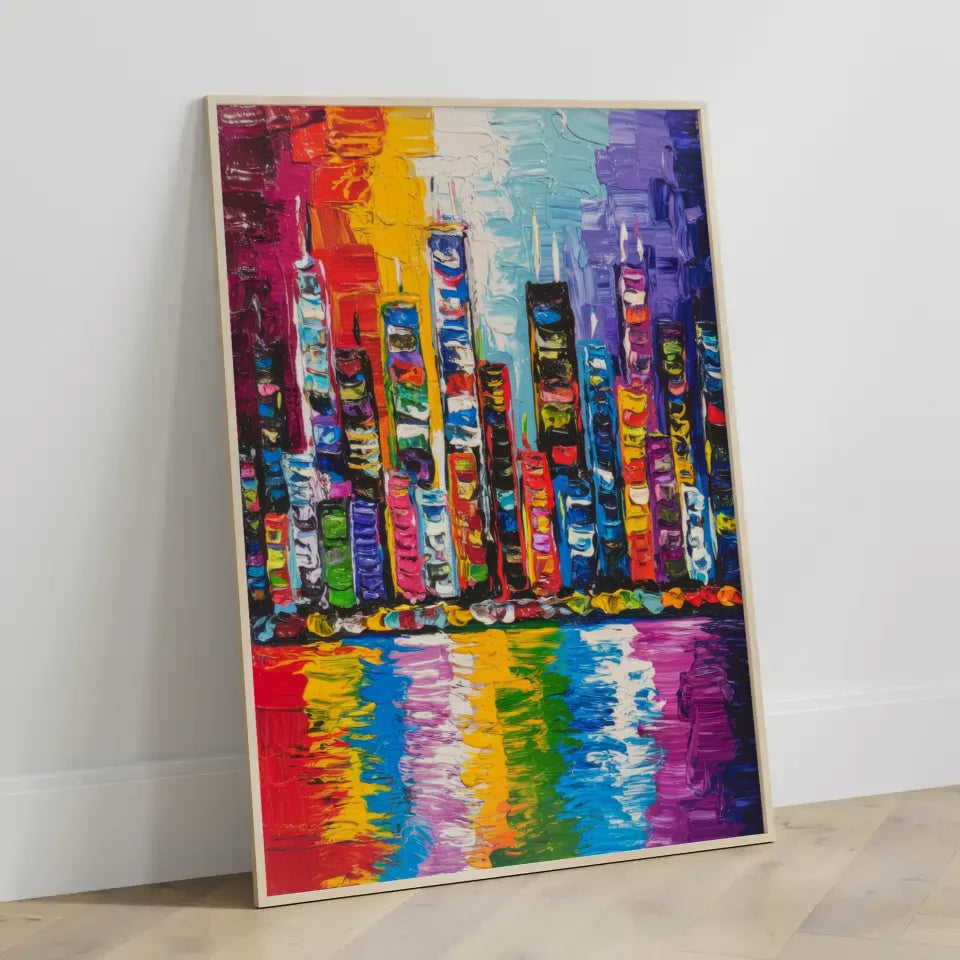 Lebendiges Stadtbild Poster in bunten Farben mit Wolkenkratzern 3