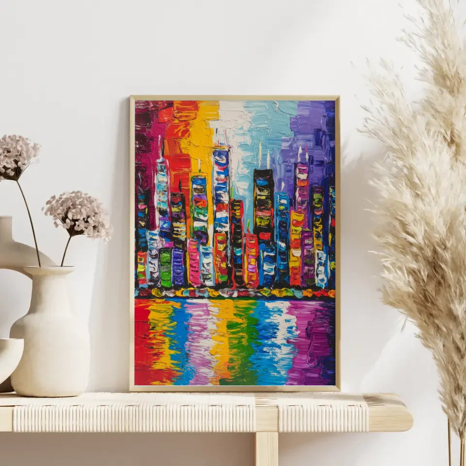 Lebendiges Stadtbild Poster in bunten Farben mit Wolkenkratzern 4