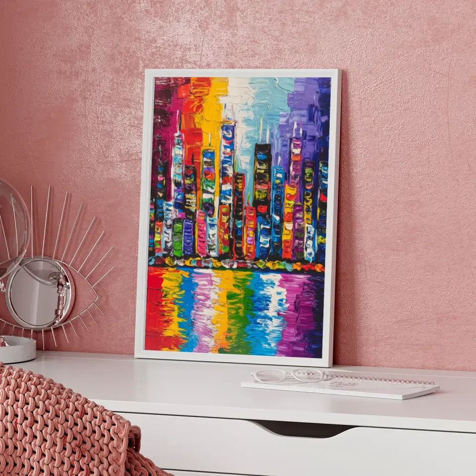 Lebendiges Stadtbild Poster in bunten Farben mit Wolkenkratzern 5