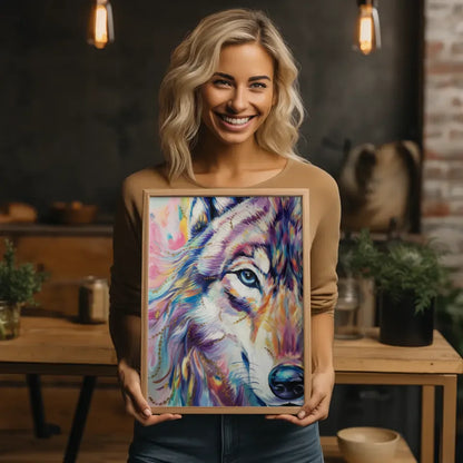 Wolf Poster mit kunstvollem Augenblick in lebendigen Farben