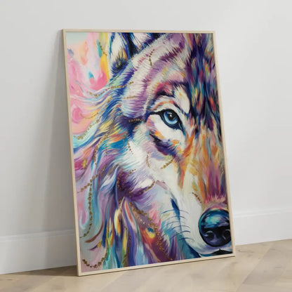 Wolf Poster mit kunstvollem Augenblick in lebendigen Farben