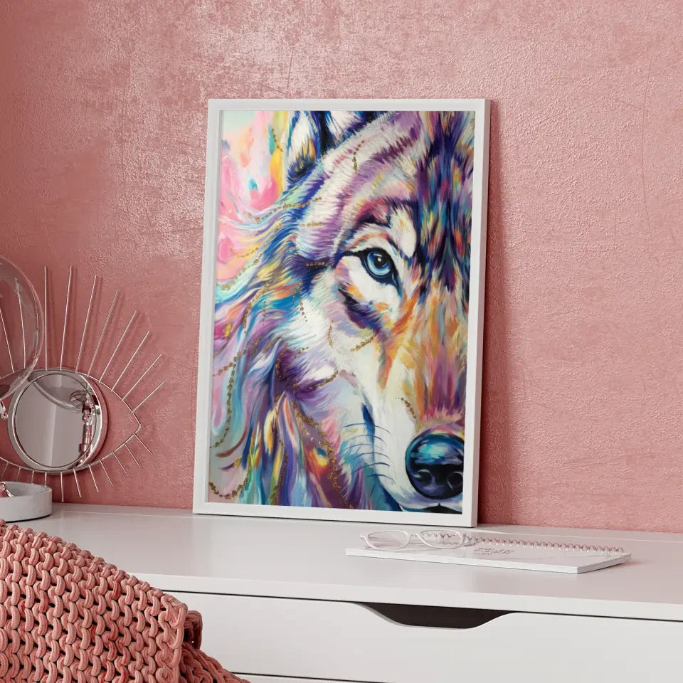 Wolf Poster mit kunstvollem Augenblick in lebendigen Farben