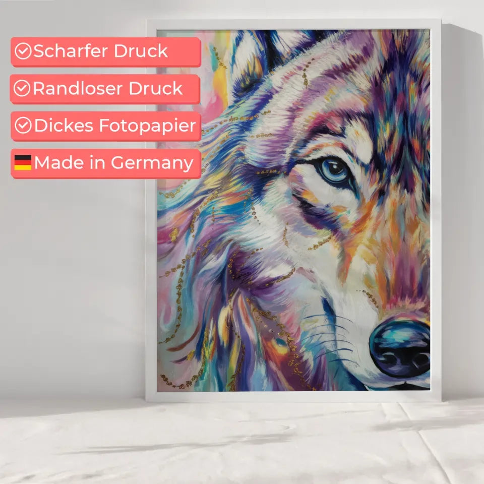 Wolf Poster mit kunstvollem Augenblick in lebendigen Farben