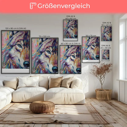 Wolf Poster mit kunstvollem Augenblick in lebendigen Farben