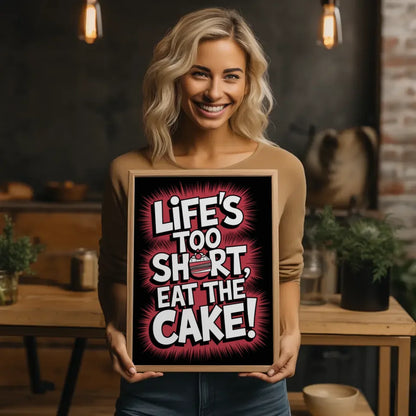 Poster mit humorvollem Spruch Leben ist zu kurz iss den Kuchen Design