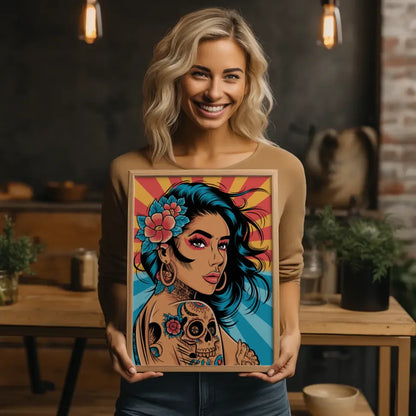 Poster mit dynamischer Tattoo-Figur im Chicano-Stil für Kunstliebhaber