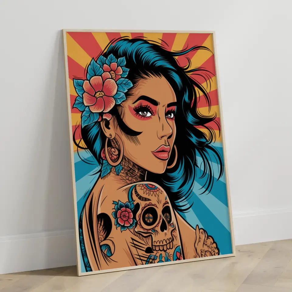 Poster mit dynamischer Tattoo-Figur im Chicano-Stil für Kunstliebhaber