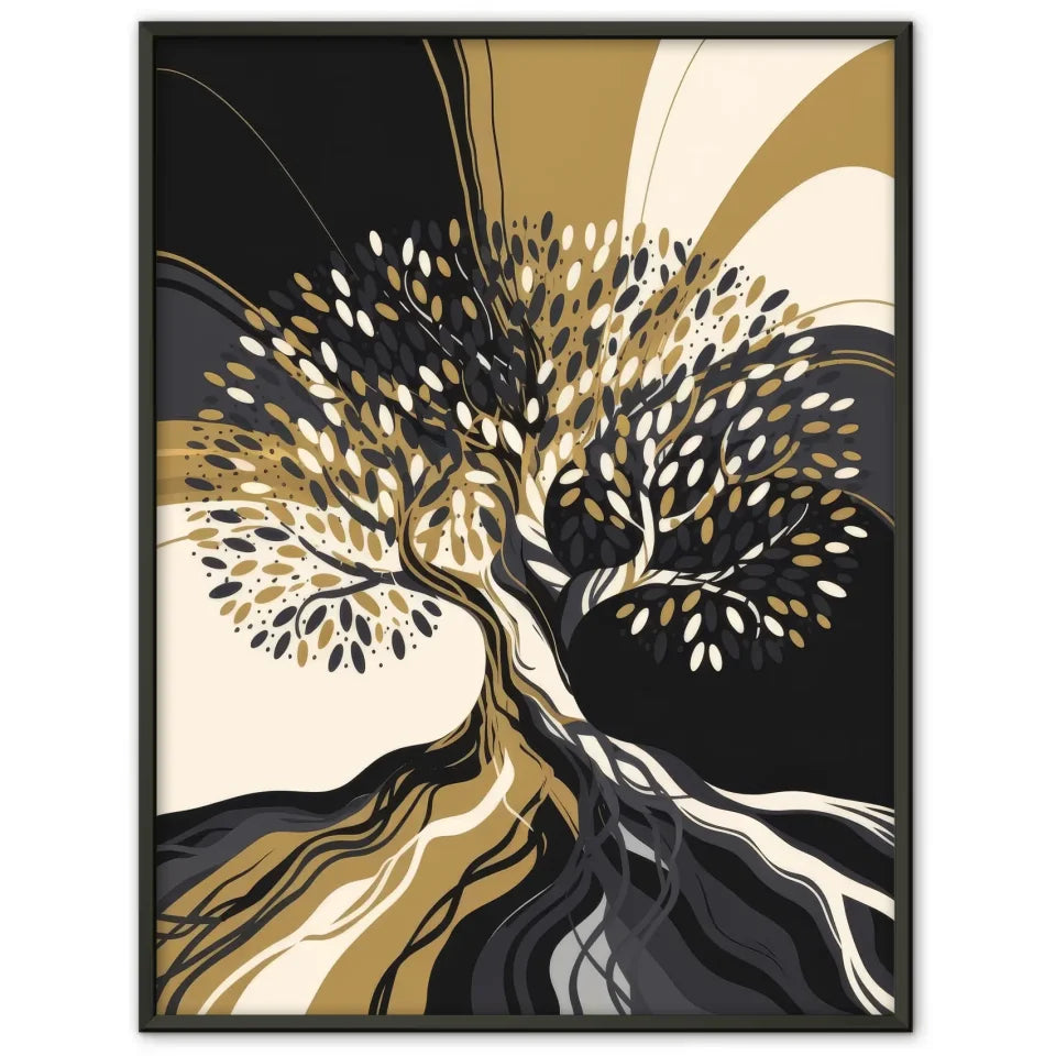 Abstrakter Baum Poster mit goldenen Akzenten und Farbverlauf Schwarz Weiß 1