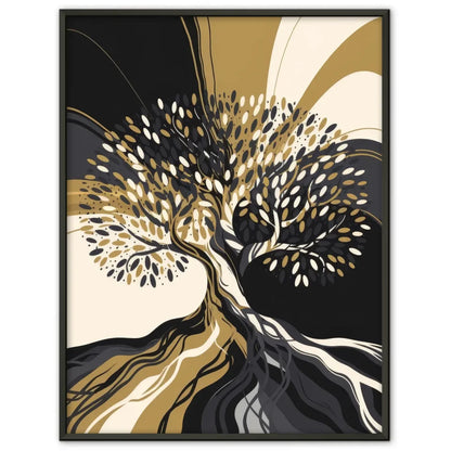 Abstrakter Baum Poster mit goldenen Akzenten und Farbverlauf Schwarz Weiß 1