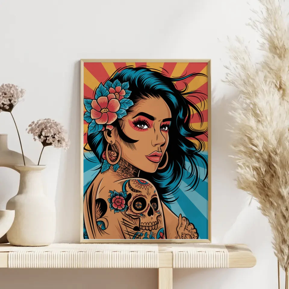 Poster mit dynamischer Tattoo-Figur im Chicano-Stil für Kunstliebhaber