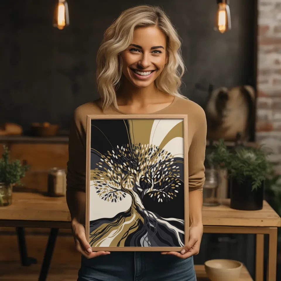Abstrakter Baum Poster mit goldenen Akzenten und Farbverlauf Schwarz Weiß 2