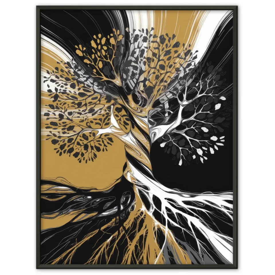 Abstrakter Poster Baumkunst in Schwarz Weiß und Gold 1