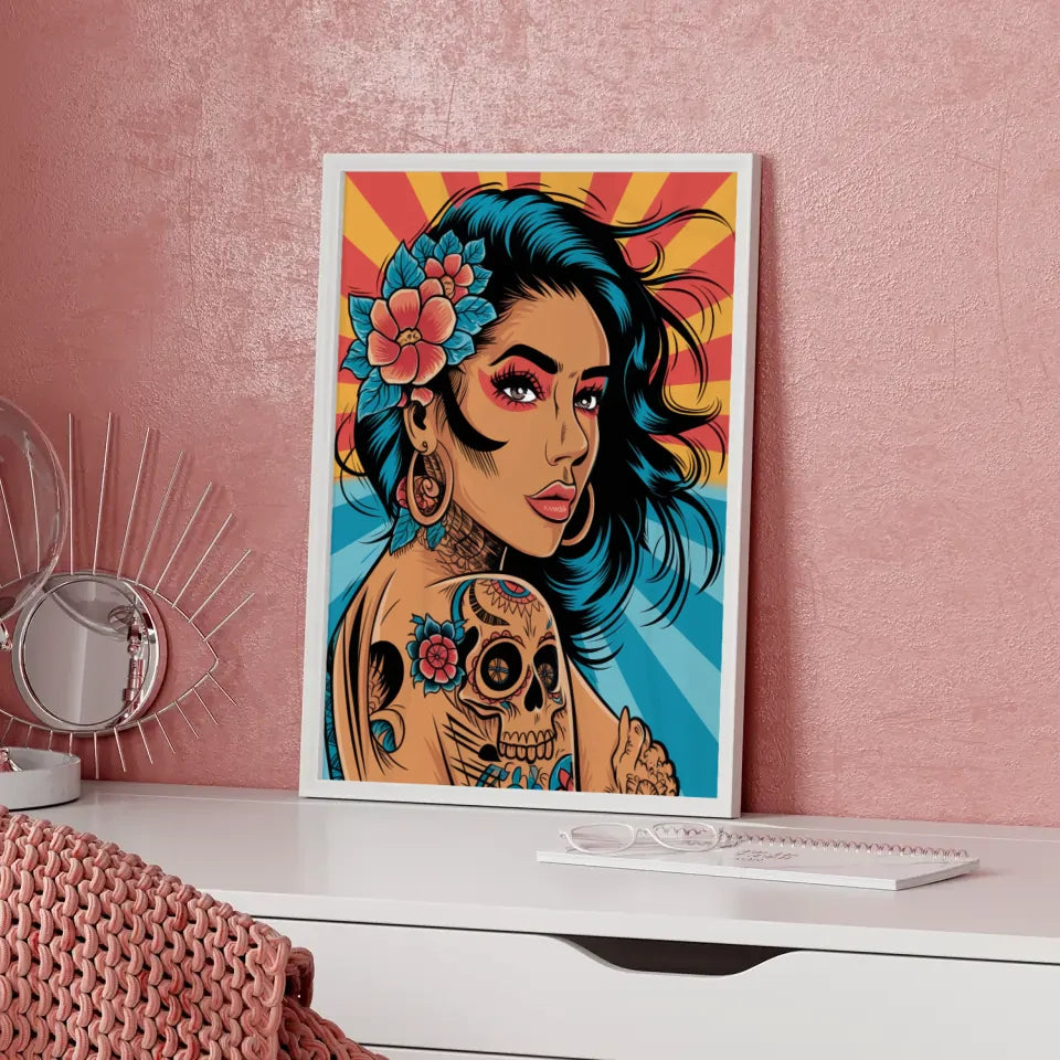 Poster mit dynamischer Tattoo-Figur im Chicano-Stil für Kunstliebhaber