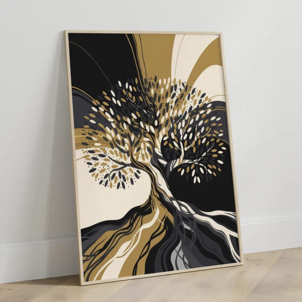 Abstrakter Baum Poster mit goldenen Akzenten und Farbverlauf Schwarz Weiß 3