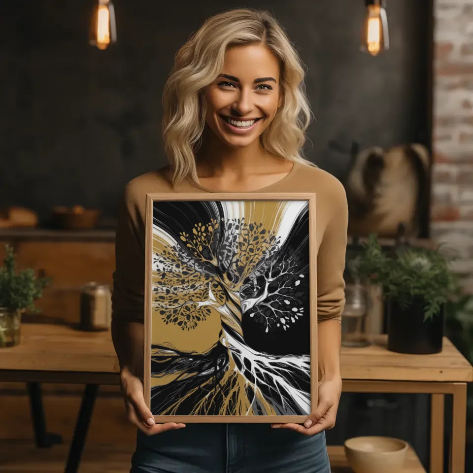 Abstrakter Poster Baumkunst in Schwarz Weiß und Gold 2