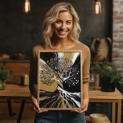 Abstrakter Poster Baumkunst in Schwarz Weiß und Gold 2