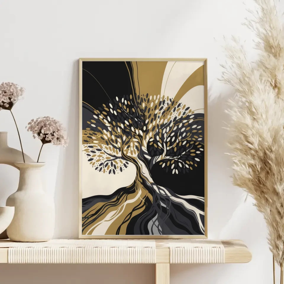 Abstrakter Baum Poster mit goldenen Akzenten und Farbverlauf Schwarz Weiß 4