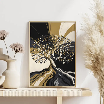 Abstrakter Baum Poster mit goldenen Akzenten und Farbverlauf Schwarz Weiß 4