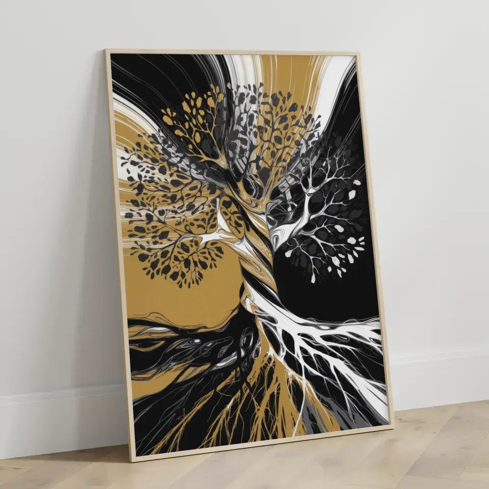 Abstrakter Poster Baumkunst in Schwarz Weiß und Gold 3