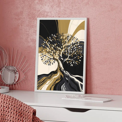 Abstrakter Baum Poster mit goldenen Akzenten und Farbverlauf Schwarz Weiß 5