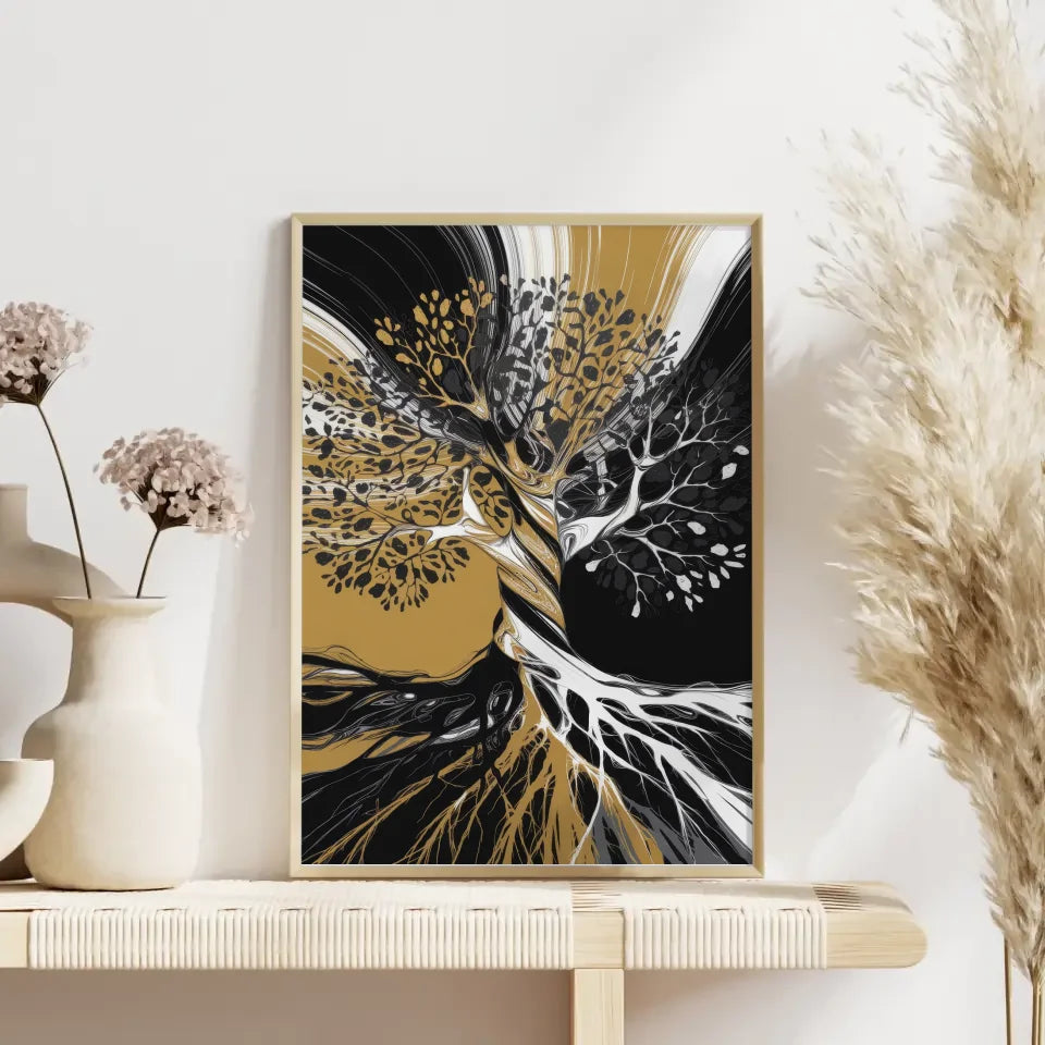 Abstrakter Poster Baumkunst in Schwarz Weiß und Gold 4