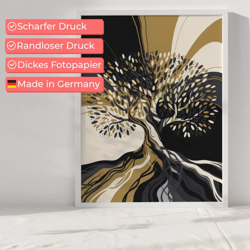 Abstrakter Baum Poster mit goldenen Akzenten und Farbverlauf Schwarz Weiß 6