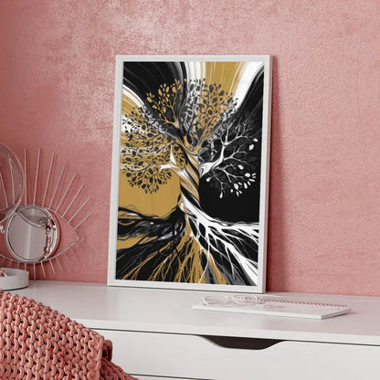 Abstrakter Poster Baumkunst in Schwarz Weiß und Gold 5